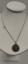 Monogrammed Sterling Silver And Amethyst (?) Pendant And Chain