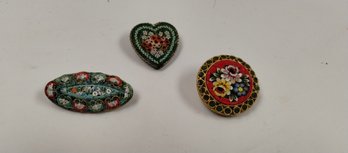 Set Of 3 Micro Mosaic Glass Heart Flower Italian Italy Pin Brooches *as-is