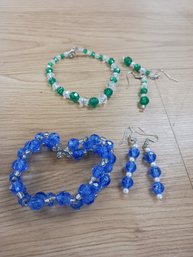 Blue And Green Bead Bracelet/ Earring Lot