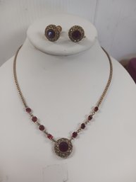 Vintage Red Rhinestone Necklace And Earrings