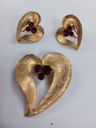 Vintage Heart Pin/ Earrings,  Red