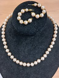 Faux Pink Pearl Necklace And Earrings