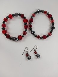 Grey And Red Bracelet/ Earrings