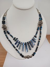 Double Strand Silver Tone And Blue Necklace