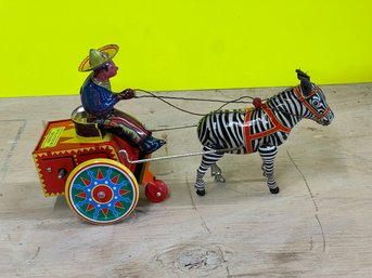 Vintage Zebra Tin Toy Windup Cowboy And Cart