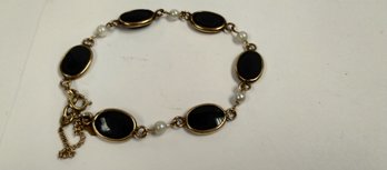 Vintage Karen Lynne 12kt Gold Filled Black And Faux Pearl Bracelet