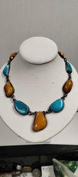 Vintage Sterling Silver Turquoise And Amber Necklace