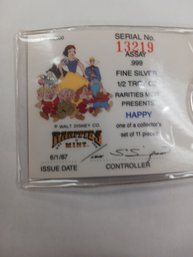 1987 Disney Snow White 50th Anniversary 1/2 Troy Oz. Silver Proof Medal 'Happy'
