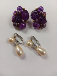 Vintage Kramer Earrings Clip On Purple Cluster And Marvella Faux Pearl Clip On