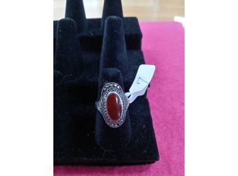 Sterling Silver And Marcasite Ring Size 7 With Red Cabochon Stone