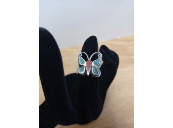 Silver Turquoise And Coral Butterfly Ring Size 4