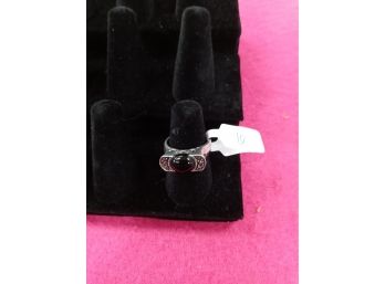 Sterling Silver And Marcasite Ring Size 6 With Black Onyx Stone