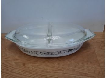 Vintage Pyrex Black And White Scroll Divided Casserole Dish