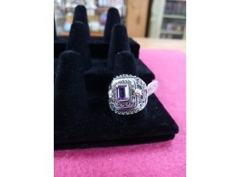 Sterling Silver Overlay Poison Ring Size 10.5 W/purple Stone