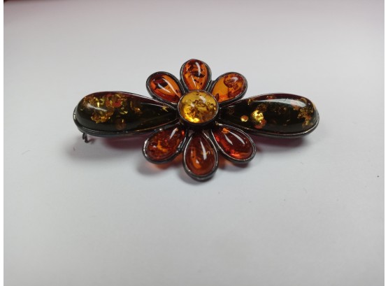 Vintage Baltic Amber And Sterling Brooch