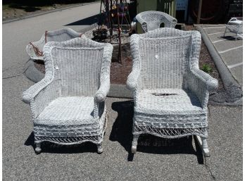 Vintage Well-loved Wicker Chair And Rocker