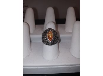 Sterling Silver Amber And Marcasite Ring