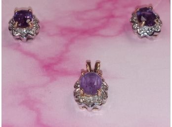 14k Gold Diamond And Amethyst Earrings And Pendent
