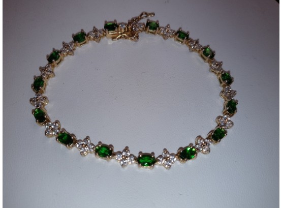 Vintage Gold Over Sterling (Russian Emerald?) And CZ Bracelet