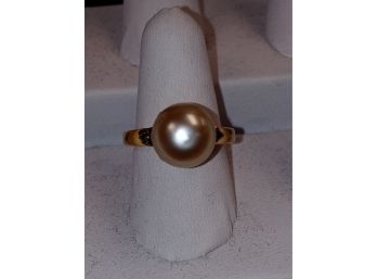 Gold Over Sterling W/sea Pearl And Diamond Ring