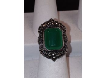 Sterling Silver And Marcasite Green Cabochon Ring