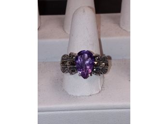 Sterling Amethyst And Marcasite Ring