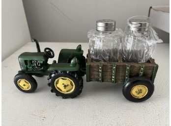Vintage Green Farm Tractor And Wagon Salt And Pepper Set