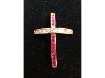 Gold Over Sterling Cz And Ruby Cross
