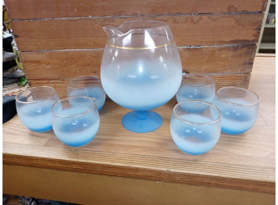 Blue Blendo Glass Pitcher And Glasses