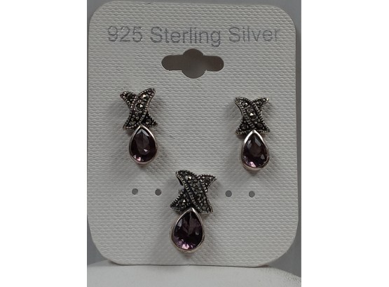 Sterling Silver W Amethyst And Marcasite Earring And Pendent