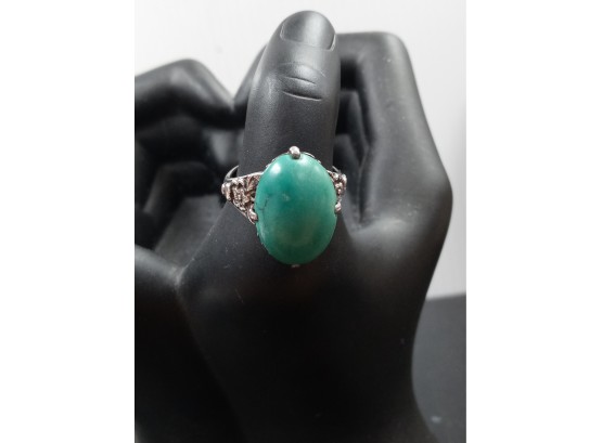 Sterling Silver And Green Cabochon (turquoise?) Ring