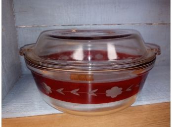 VTG 1930's Rare Pyrex Casserole Dish Ruby Red Band Etched Flowers LID