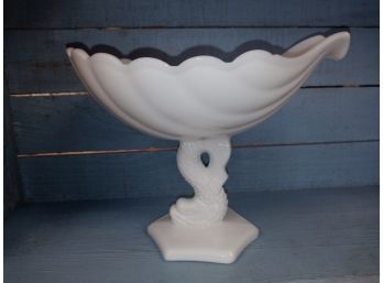 Shell Shaped Milk Glass Bowl With Dolphin Pedestal