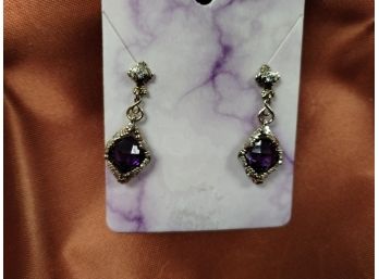 Vintage Gold Over Sterling With Amethyst Pierced Earrings