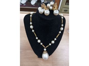Vintage Faux Pearl Necklace And Earrings