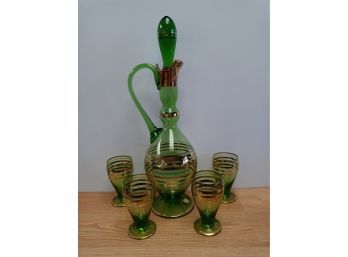 Vintage Made In Romania Green Glass Decanter With Four Glasses