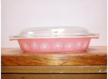 Vintage Pyrex Pink Daisy Divided Casserole Dish With Cover