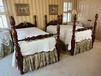 Pair Of Fine Quality Hand Carved Four Poster Mahogany Twin Beds