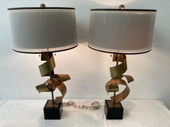 Pair Of Modern John Richards Brutalist Brass Lamps
