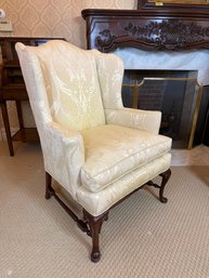 Queen Anne Style Mahogany Upholstered Wingback Armchair