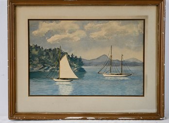 Original Vintage Watercolor Of Sailboats On Lake