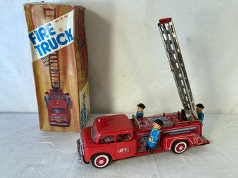Vintage Tin Toy Fire Truck Friction With Siren Original Box