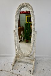 Vintage White Wicker Cheval Standing Mirror