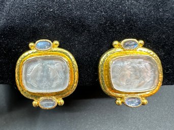 Pair Elizabeth Locke Intaglio Venetian Style 19kt Gold Earclip Earrings