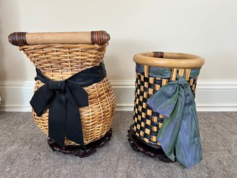 Pair Of Bamboo And Rattan Waste Baskets