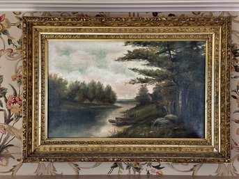 19th C. European School Oil On Canvas Riverside Painting