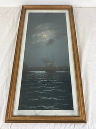 Antique Charcoal Drawing Of 'Ship In Harbor Under Moon'
