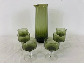 Set Of 7 Mid Century Pitcher And Stemware Glasses
