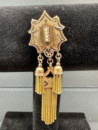 Antique Victorian Enamel And 14kt Rose Gold Tassel Brooch