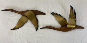 Pair Of MCM Oak And Brass Flying Bird Wall Hangings